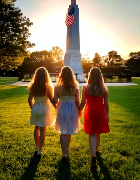 Three young DAR members standing in front of a war memorial holding hands with an American flag waving