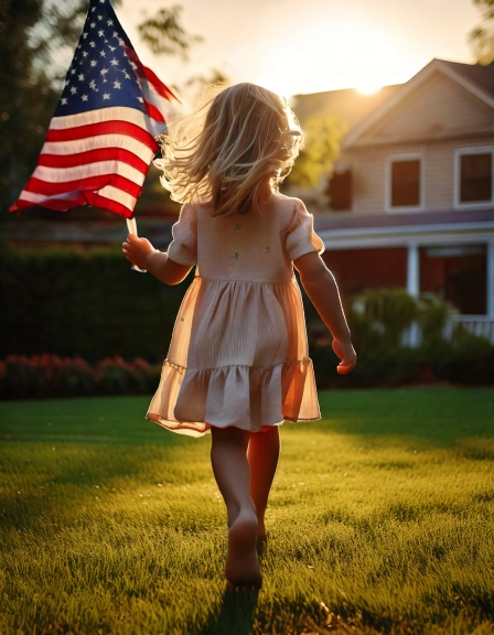 Young girl running joyfully with an American flag at an Eau Claire DAR patriotism event